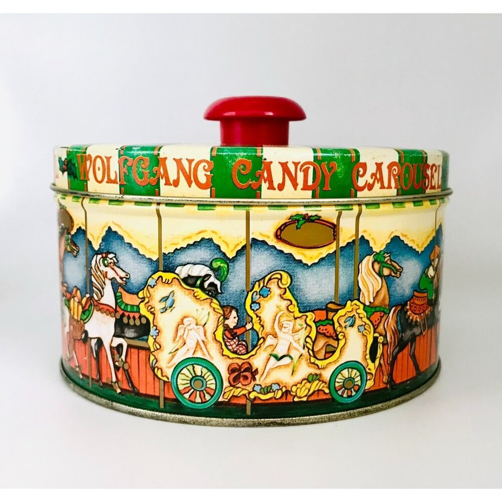 Wolfgang Candy Carousel Vintage Tin with Lid Red Handle Round Metal Colorful